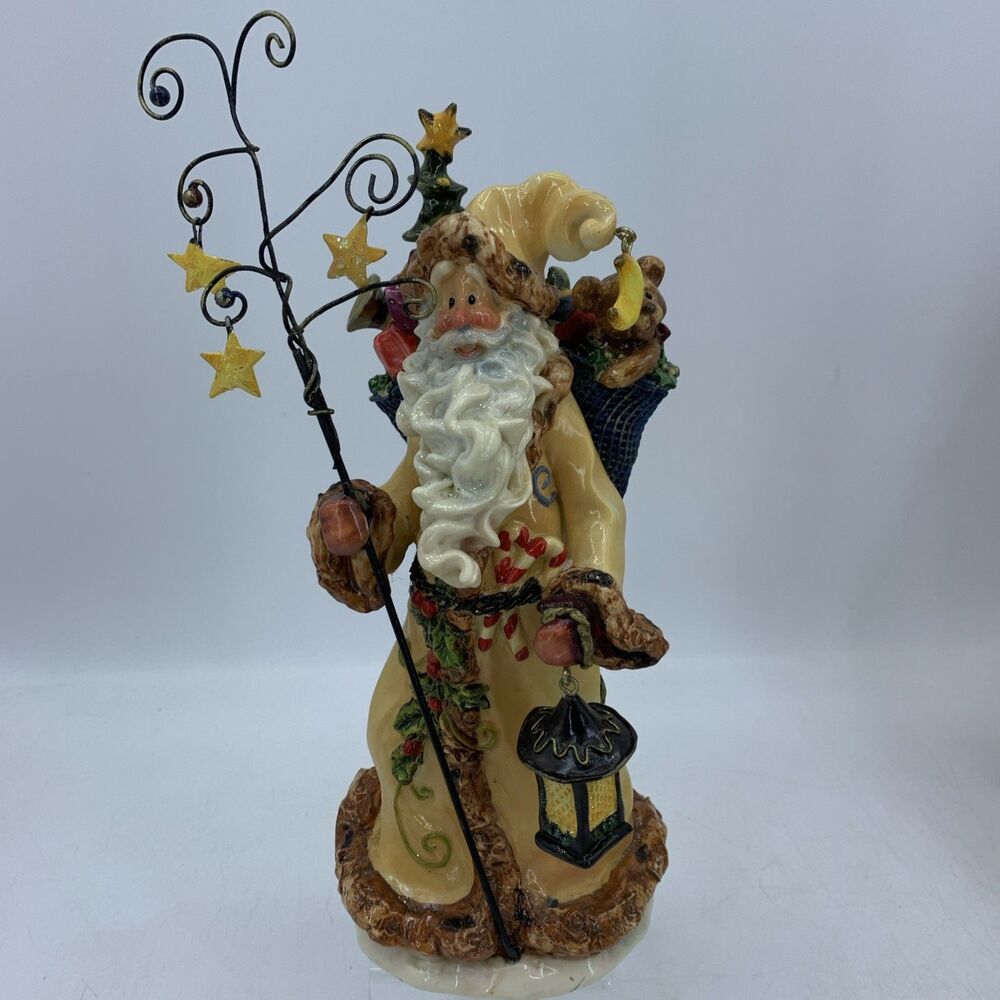 Vtg Porcelain Whimsical Bohemian Santa Sack Toys Lantern Staff Stars Colorful